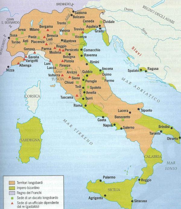 Italia tra Longobardi e Bizantini La carta mostra i territori longobardi (rosa) e le zone occupate dai