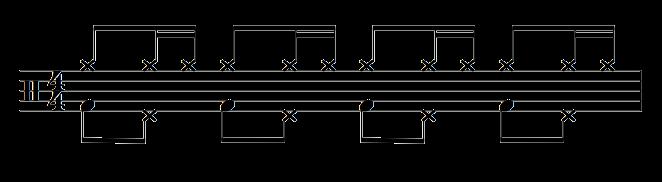 Un esempio di ostinato di livello avanzato (tutti gli arti) è il seguente: mano destra - ride, mano sinistra - rullante, piede sinistro - charleston In questo caso il piede destro esegue il solfeggio