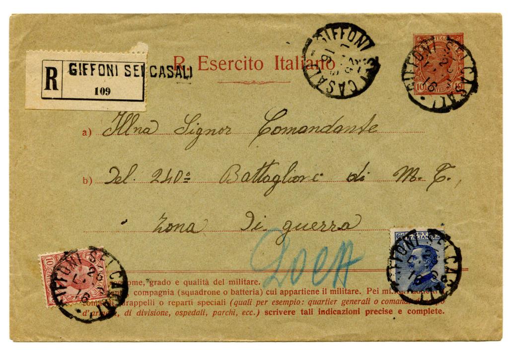 diventava quella di una normale lettera con il servizio richiesto. 6.8.1915 da Pisa a Spezia Raccomandata - tariffa c. 15 + c. 25 racc.