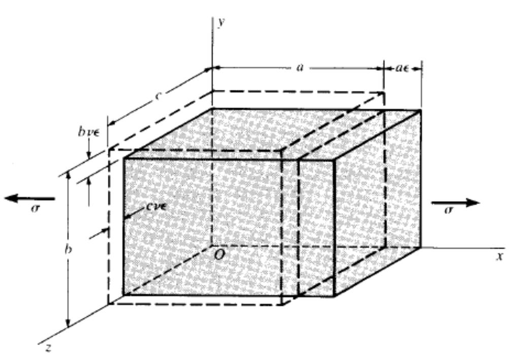 Variazione di volume Sempre nel caso di solidi prismatici, l applicazione di carichi di trazione tende a modificarne il volume per effetto delle deformazioni assiali e trasversali.