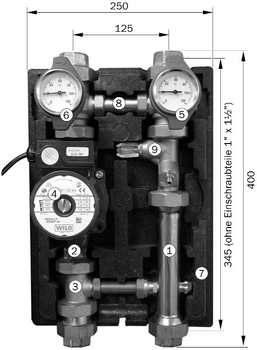 Dotazione / Campo di applicazione 1 Dotazione Denominazione/Volume di fornitura: 1 Mandata riscaldamento 2 Ritorno riscaldamento 3 Regolatore per limitazione di temperatura: valvola a 3 vie con