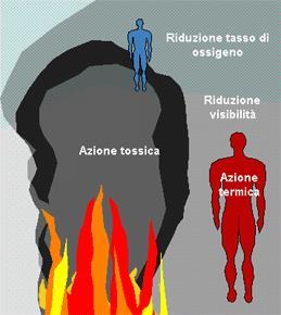 PRINCIPALI EFFETTI DELL INCENDIO SULL UOMO Anossia (per la riduzione del tasso di ossigeno nell aria) Azione tossica dei fumi Riduzione della visibilità Azione termica Causati