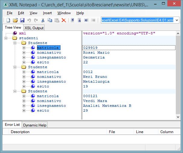 Dipartimento di Ingegneria Meccanica e Industriale Corso di laurea: Ingegneria Gestionale 45 Se il file è corretto l'editor XML mostrerà il contenuto del file in una struttura ad albero.