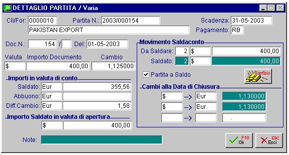 La chiusura può avvenire con la stessa valuta con cui è stata creata la partita oppure con una valuta differente. Fig.