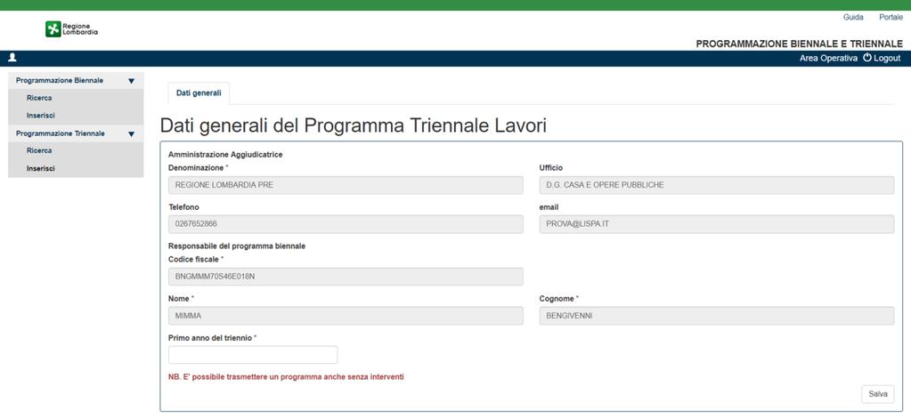 Figura 54 Programmazione triennale: inserisci Inserito l anno selezionare Salva.