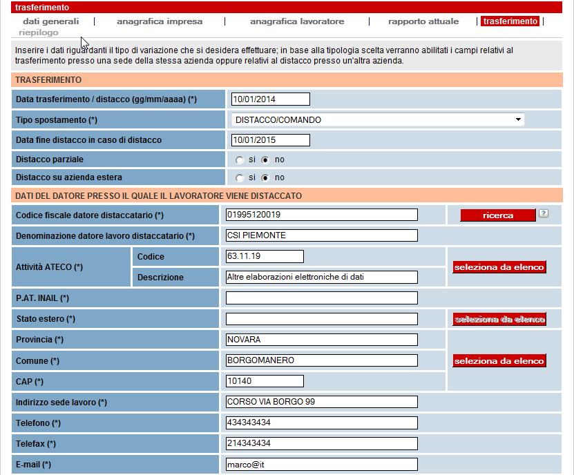 Pagina 61 di 65 TRASFERIMENTO schermata di Trasferimento Sezione trasferimento Data trasferimento/distacco: data in