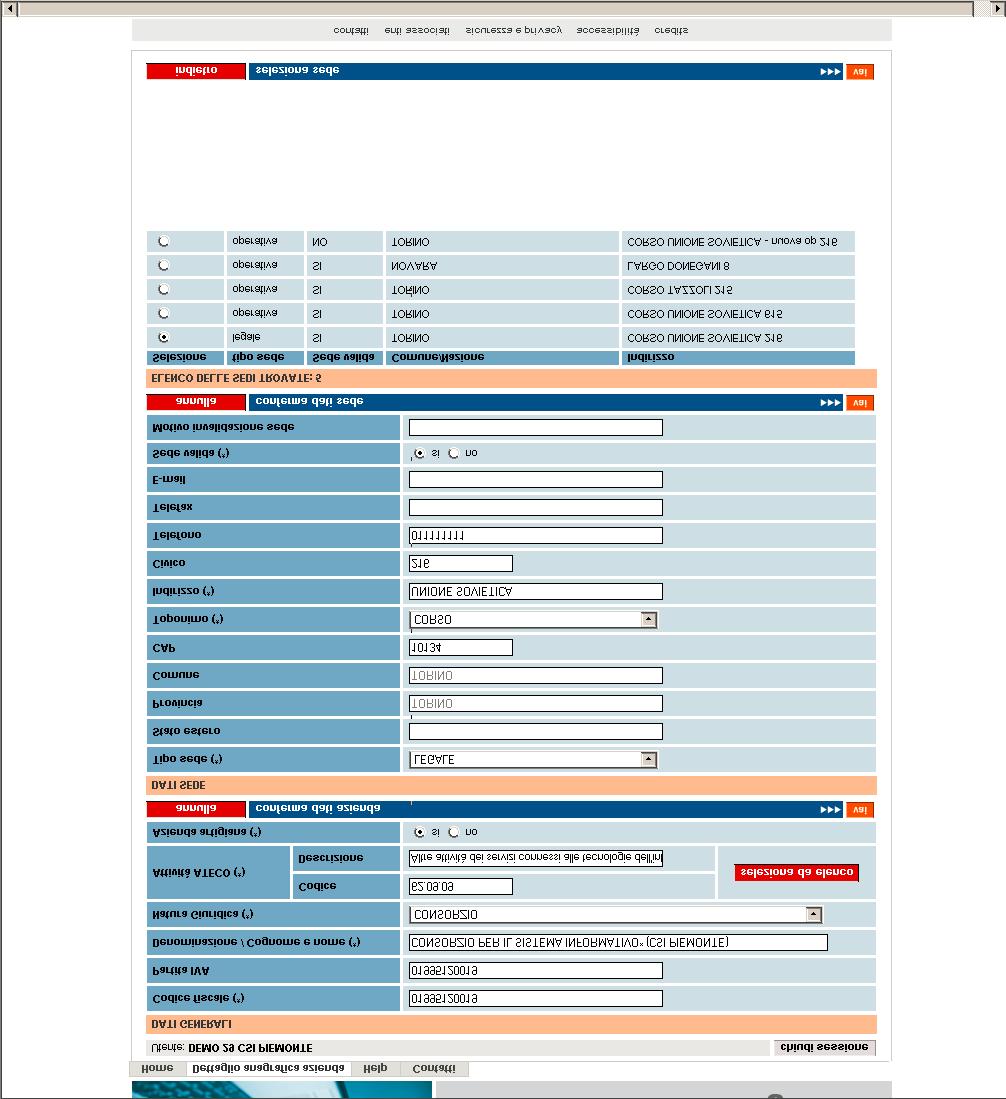 Pagina 8 di 65 1- prima sezione: riguarda i dati generali dell azienda editabili e modificabili. 2 seconda sezione: riguarda i dati anagrafici della sede evidenziata.