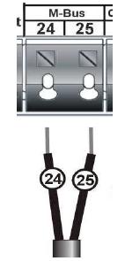 La lunghezza della rete M-Bus e la sezione dei cavi devono essere appropriate al Baud rate del calorimetro (2400 Bd.). Rete M-Bus collegata ai morsetti 24-25.
