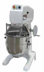 Cast iron and alluminum body - Bowl, protection grid and whisk in inox 304 - Beater and hook in alluminum A356 - Ventilated motor - Three speed geared transmission - Security switches on bowl and