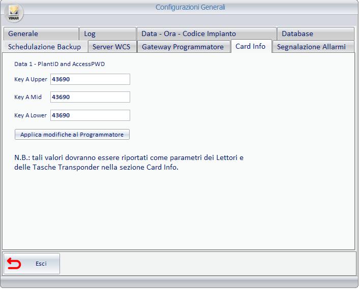 finestra CardInfo dei parametri dei dispositivi suddetti, utilizzando il software ETS di KNX.