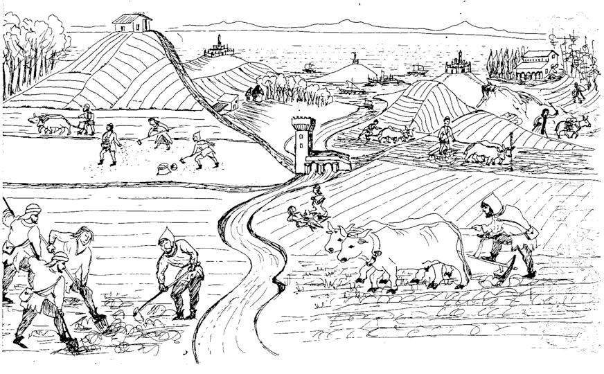 Durante la prima parte del Medioevo quasi tutte le cose necessarie per la vita degli uomini erano prodotte all'interno del villaggio, Dai campi si ricavavano i cereali, che erano poi trasformati in