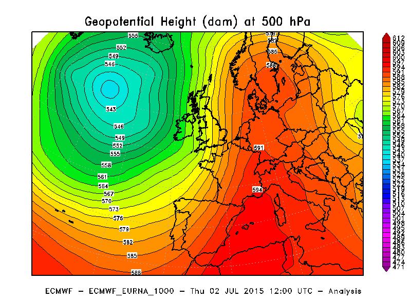 Figura 2 - Altezza di geopotenziale a 500 hpa alle ore 12 UTC del 2 Luglio 2015 (sinistra) e 06 UTC del 7 Luglio 2015 (destra).