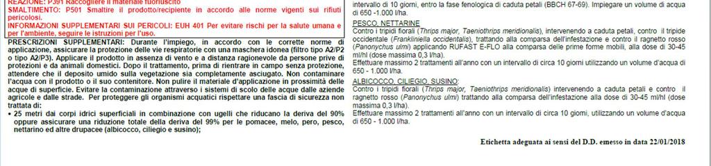 totale della deriva del 95% e ridurre il ruscellamento del 60%, per fragola, pomodoro, melanzane, peperone, zucca, cipolla e aglio; 20 metri dai corpi idrici superficiali in combinazione con ugelli