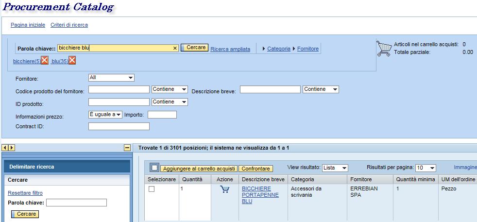 Ricerca rapida La ricerca rapida identifica tutti gli articoli che contengono la parola chiave all interno dei soli campi Descrizione breve, Fornitore e Categoria.