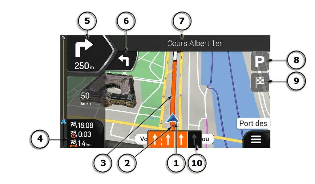 Vista di navigazione La vista di navigazione è la schermata principale di Z-N326 / Z-N426 Navigation nella quale viene visualizzato il percorso pianificato su una mappa.