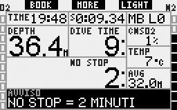 3 No-stop = 2 minuti (preimpostazione: OFF) Per evitare di effettuare involontariamente un immersione con decompressione, è possibile impostare Galileo affinché attivi un avviso quando il tempo di