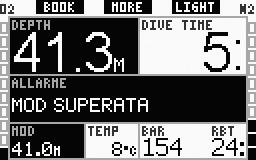 3. Immergersi con Galileo Nel formato LIGHT, il messaggio di allarme MOD SUPERATA viene visualizzato al posto dei dati di no stop per 12 secondi e poi ripetuto a intervalli di 4 secondi.