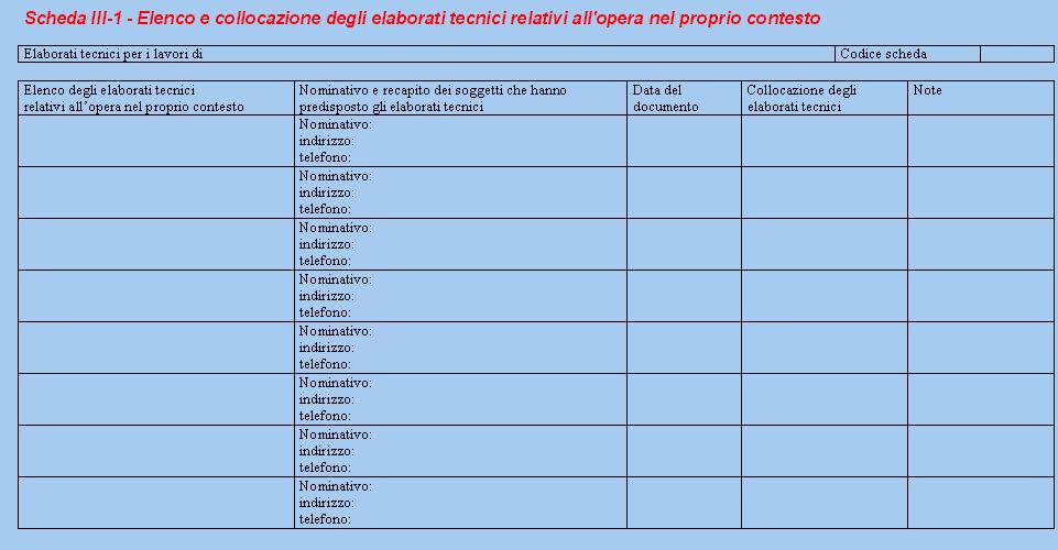 SCHEDA III-1 - sono indicate le informazioni utili al reperimento dei documenti tecnici dell opera utili ai fini