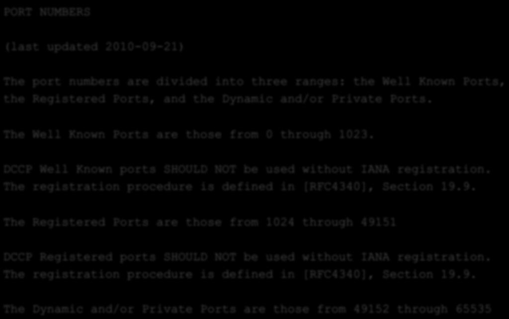 IANA (Internet Assigned Numbers Authority) PORT NUMBERS (last updated 2010-09-21) The port numbers are divided into three ranges: the Well Known Ports, the Registered Ports, and the Dynamic and/or