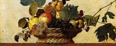 Con sublime maestria Caravaggio dipinge sulla tela questa splendida natura morta, tripudio di colori caldi, di odori di foglie, di profumi di frutti maturi.