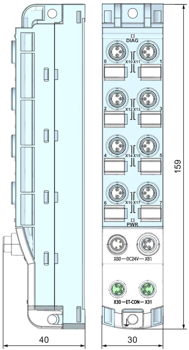 Disegno quotato A La figura seguente mostra il disegno quotato dell'unità di ingressi e uscite digitali DIQ 4+DQ