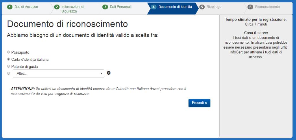 Scelta del documento di riconoscimento punto 4 della procedura Documento di riconoscimento