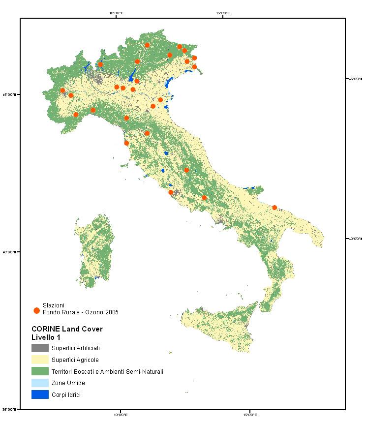 Figura 5 Esempio di selezione di stazione di fondo (sinistra) e di fondo-rurale (destra). Figura 6 Selezione delle stazioni di fondo rurale che hanno misurato l ozono nell anno 2005.