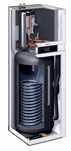 L unità interna integra infatti un accumulo di acqua calda sanitaria da 210 litri e la regolazione Vitotronic 200, che gestisce i circuiti di riscaldamento e raffrescamento e la ventilazione