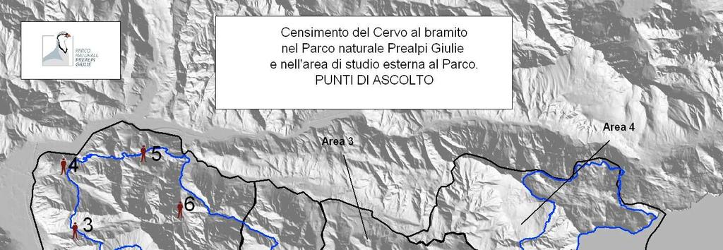 Fig. 1 - Punti di ascolto utilizzati per il censimento del cervo anno 2017 Nella figura 1 si evidenziano i punti di ascolto, il perimetro del Parco e l area di studio che viene a sua volta suddivisa