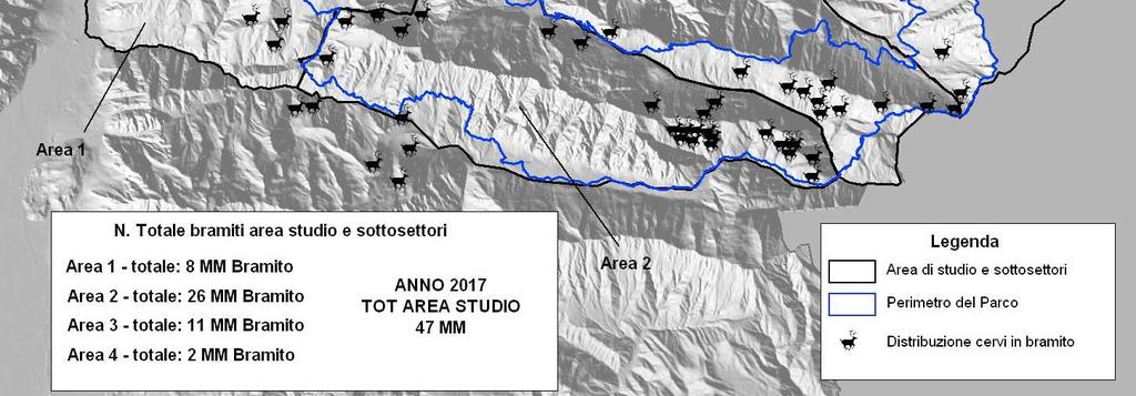 2 - Risultati del censimento al cervo anno 2017 Come negli anni precedenti, la maggiore densità di maschi è stata osservata nei settori della Val Uccea- Rio