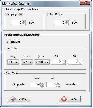7. Software MicroLink Monitoring Settings Permette di configurare: l intervallo di tempo tra un acquisizione e la successiva (da 1 a 30