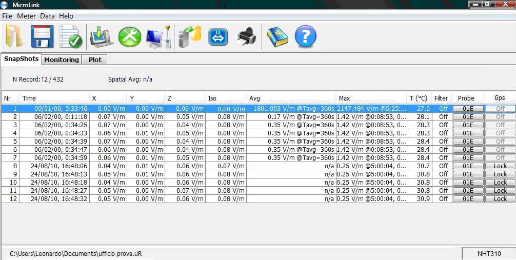 7. Software MicroLink 7.6.1 Sezione Snapshots Gli SnapShots sono le misure acquisite in modalità puntuale. Fig. 7.8 Per ogni misura, corrispondente ad una riga della tabella, sono visualizzati i seguenti dati: Numero progressivo (da 1 fino a 432).