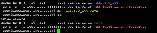 E possibile cambiare il nome della cartella estratta: - Eseguendo il comando mv jdk1.8.0_144 Java - Creando un link simbolico alla cartella con il comando ln s /opt/zucchetti/ jdk1.8.0_144 Java Successivamente eliminare il file con il comando rm jdk-8u144-linux-x64.