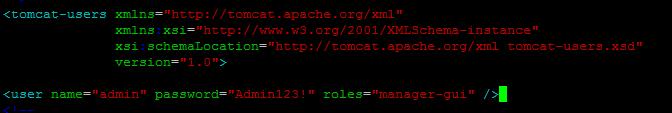 Per l accesso al tomcat manager, editare il file presente in : /opt/zucchetti/tomcata/conf/tomcat-users.xml Come in foto, aggiungere la seguente stringa: <user name="admin" password="admin123!