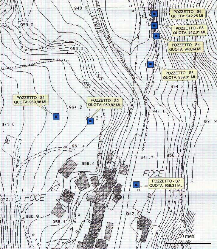 1.4 PIEZOMETRI CIIP Nella zona in cui insiste l opera di captazione di Foce di Montemonaco la Ciip Spa ha realizzato, dai tempi della galleria drenante, 9 piezometri, 7 dei quali ubicati nell intorno