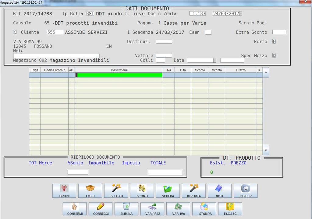 ASSINDE - PER OTTENERE LA BOLLA (che SCARICA il magazzino invendibili) Digitare Shift+F5 da tastiera o cliccare sul pulsante (si entra nel programma di Bolle/Fatture) portarsi sul cliente e con F9