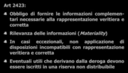 Rappresentazione Veritiera e Corretta La rappresentazione veritiera e corretta costituisce una seconda Clausola Generale Art 2423: Obbligo di fornire le informazioni complementari necessarie alla