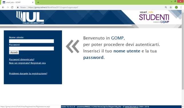 Per poter procedere con la domanda di Iscrizione/Immatricolazione è necessario raggiungere il portale Studenti alla URL: https://gomp.iuline.it/workflow2011/logon/logon.aspx?