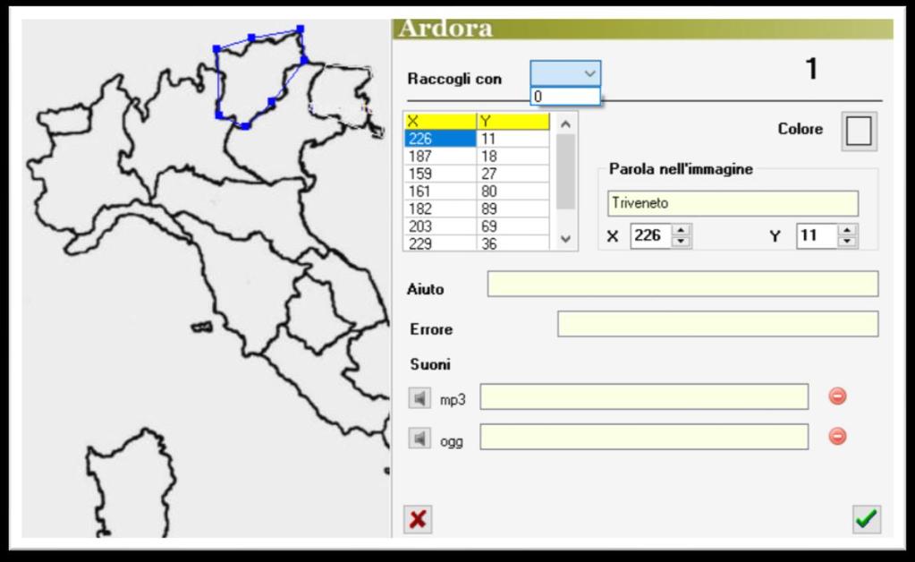 2 1 3 9 4 5 6 8 8 7 10 Figura 5 Ogni area creata sull immagine è individuata da un numero, che compare in alto a destra, nella finestra di immissione dati (vedi figura 5, numero 1); la numerazione