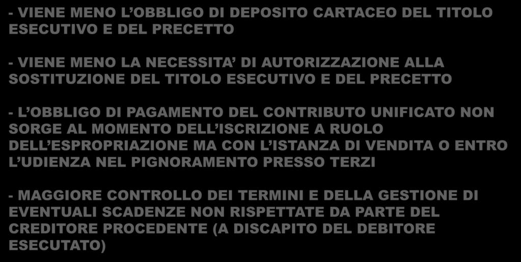 BENEFICI DELL ESECUZIONE TELEMATICA - VIENE MENO L OBBLIGO DI DEPOSITO CARTACEO DEL TITOLO ESECUTIVO E DEL PRECETTO - VIENE MENO LA NECESSITA DI AUTORIZZAZIONE ALLA SOSTITUZIONE DEL TITOLO ESECUTIVO