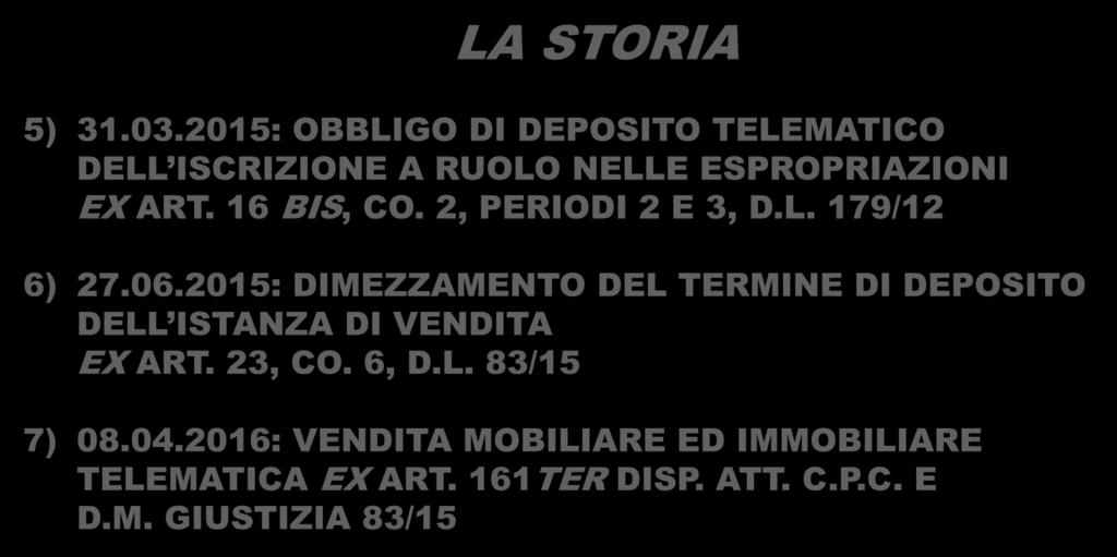 LA TELEMATIZZAZIONE DEL PROCESSO ESECUTIVO LA STORIA 5) 31.03.2015: OBBLIGO DI DEPOSITO TELEMATICO DELL ISCRIZIONE A RUOLO NELLE ESPROPRIAZIONI EX ART. 16 BIS, CO. 2, PERIODI 2 E 3, D.L. 179/12 6) 27.