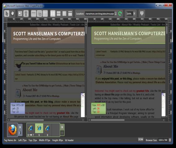 Strumenti usati per trovare differenze nei browser Microsoft Expression Superpreview 4 Trial:programma che è in grado