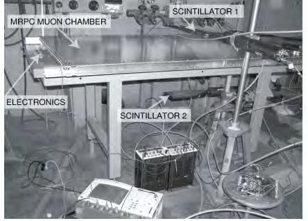 Fotografia del set-up sperimentale usato per studiare le prestazioni del primo prototipo di camera MRPC tramite muoni cosmici, nella