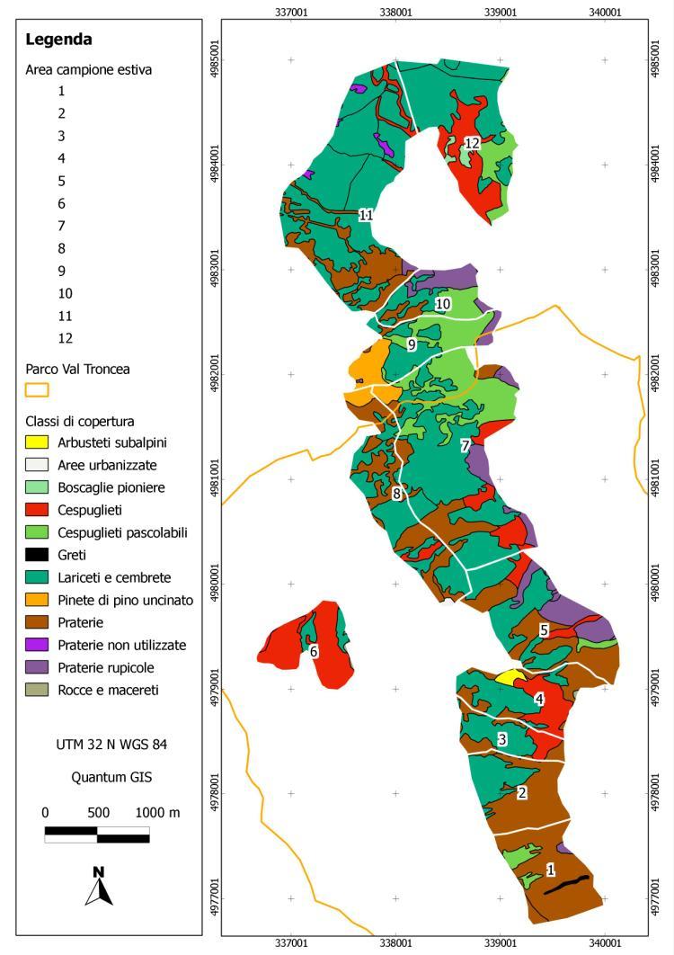 Figura 2 Area di studio con classi di copertura del suolo Il censimento dell Area Alcotra è stato effettuato il 17 agosto, quello dell Area Parco si è svolto in due sessioni (24