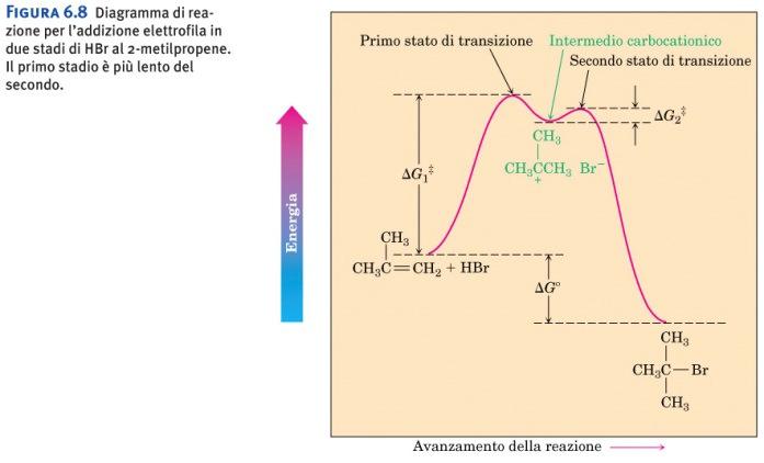 La reazione avviene in due stadi e comporta la formazione di un carbocatione