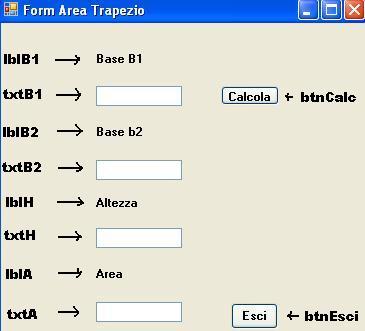 4) Creazione del form Visualbasic. Net 5) CODIFICA PULSANTE Calcola ' DICHIARAZIONE DELLE VARIABILI Dim B1, B2, H, Som, P As Integer Dim A As Double ' INPUT DEI VALORI DI B1, b2 e H B1 = Val (txtb1.