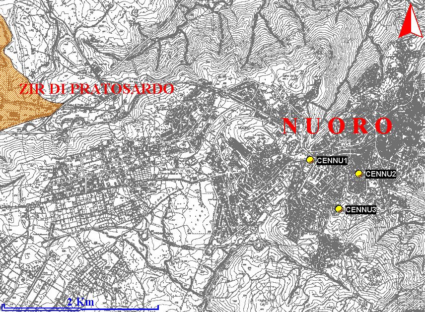 Figura 53 Posizione delle stazioni di misura a Nuoro Nell anno 8 la percentuale complessiva di funzionalità delle tre stazioni di misura cittadine è stata del 85, contro il 93 dell anno precedente.