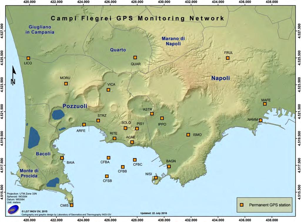 Figura 2.1 - Rete GPS Permanente dei Campi Flegrei. Figura 2.2 - Serie temporale delle variazioni settimanali in quota della stazione di RITE (Pozzuoli Rione Terra) dal 2000 a novembre 2018.