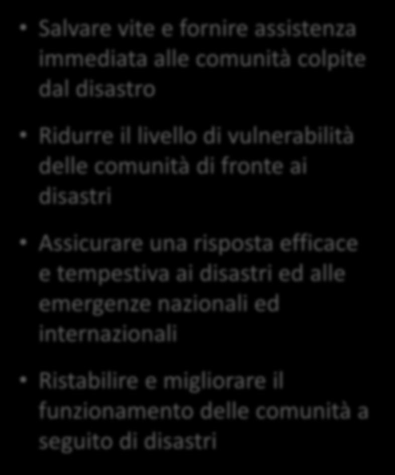 3. Prepariamo le comunità e diamo risposta ad emergenze e disastri Garantire un efficace e tempestiva risposta alle emergenze nazionali ed internazionali (preparazione comunità e meccanismo di