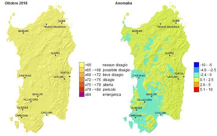 Indici di interesse zootecnico Temperature Humidity Index (THI) Il THI medio è stato superiore alla media ventennale in buona parte del territorio regionale ad eccezione del settore Sud-occidentale e